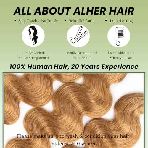 ALHER Color #27 Honey Blonde Single Bundle Body Wave 24 Inch, Blonde Bundles Human Hair Sew In Weave Wavy Bundles for Black Women, 12A 100% Unprocessed Brazilian Virgin Remy Hair Soft Thick