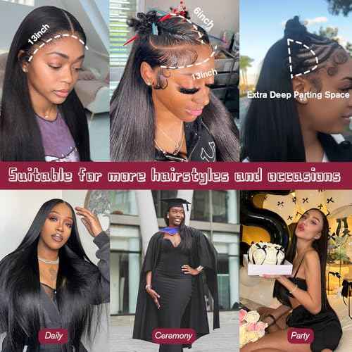 250 Density Straight Lace Front Wigs Human Hair 13x6 Full Lace Frontal Wigs 12A Brazilian Virgin Human Hair Wigs Extra Deep Parting Full Large Lace Wigs for Black Women #1B 18Inch