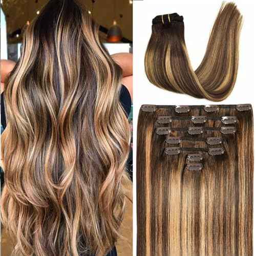 Savasana Clip in Hair Extensions Real Human Hair Straight 7 Pcs Balayage Clip in Hair Extensions Double Weft Thick Chocolate Brown to Caramel Blonde 16 Inch 120g