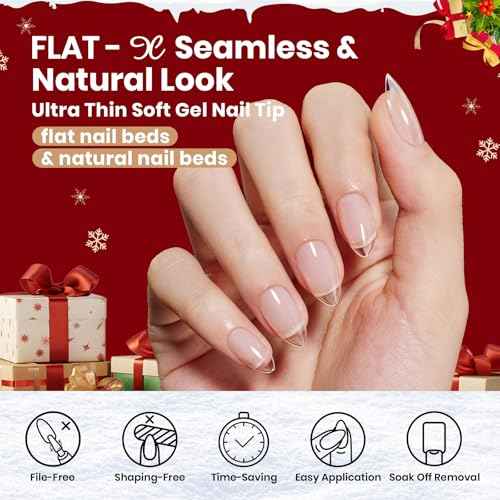 Beetles Gel Nail Kit Flat-X, Almond Short, 320pcs 16 Sizes, with 15g Hands-free Solid Nail Glue Gel, Mini Lamp, Christmas Limited Set, Pre-Etched Half Matte Nail Extension Set for Home DIY