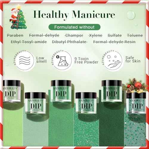 AZUREBEAUTY Dip Powder Nail Kit,Christmas 6 Colors Glitter Green Sparkle Forest Dark,Dipping Powder Color French Nail Art Manicure DIY Salon Gifts for Women, No Need Nail Lamp Cured