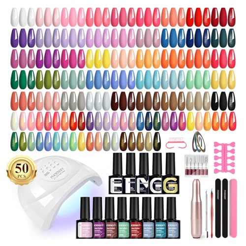 PHOENIXY 63 Pcs Gel Nail Polish Kit with U V light and Drill, 50 Pcs Gel Polish with 5 Pcs Base Top Coat Manicure Starter Nail Polish Set Christmas Gifts for Women ST9017