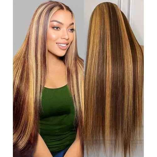 Highlight Ombre Lace Front Wig Human Hair 13x6 HD Lace Frontal Real Virgin Human Hair Wig 4/27 Colored Honey Blonde Straight Wigs Human Hair Pre Plucked Tangle-Free 200 Density 26 Inch