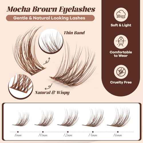 B&Q Brown Lash Clusters Kit Natural Mochalash 01, Wispy Eyelash Clusters Kit C-Curl Cluster Eyelash Extensions 8-16mm Fake Eyelashes Lash Extension Kit for Everyday Beginner Friendly(Mochalash 01 Set)