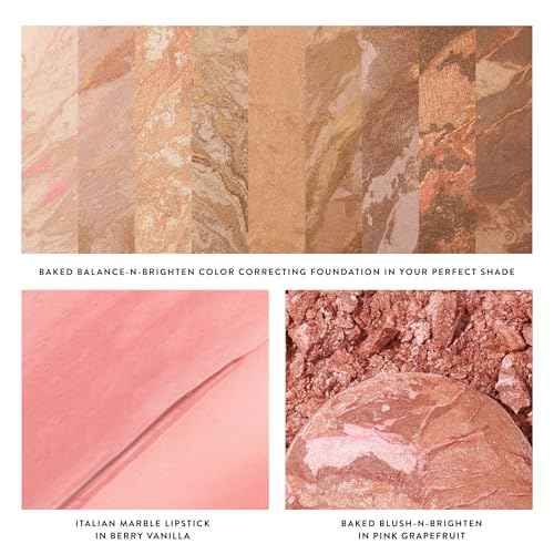LAURA GELLER NEW YORK Marble Magic Kit: Baked Balance-n-Brighten Powder Foundation, Medium + Baked Blush-n-Brighten, Pink Buttercream + Italian Marble Lipstick, Berry Vanilla