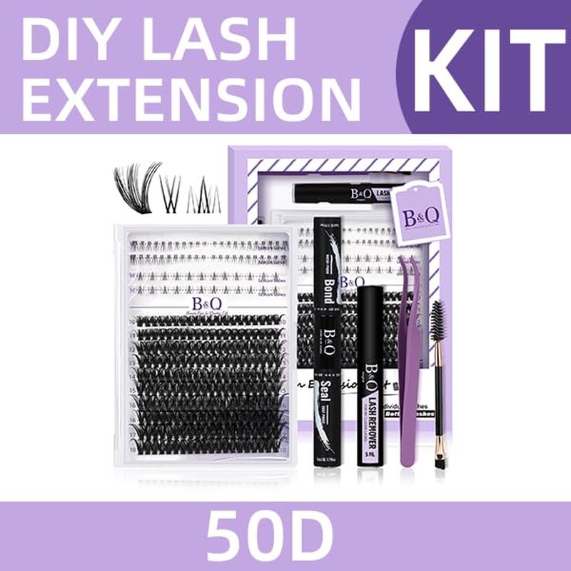 Eyelash Extension Kit - 50D D Curl Lash Clusters with Bottom Lashes | DIY 10-18mm Applicator Set