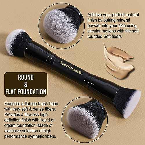 LORYP Black Makeup Brushes 2Pcs Duo End Foundation Powder Brush Set, Blush & Highlighter Brush and Round & Flat Foundation Brush