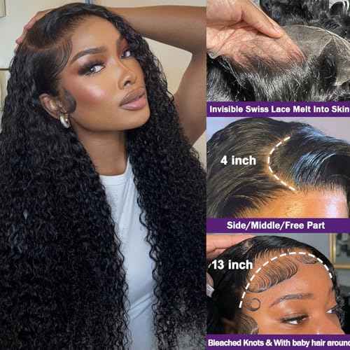 200% Density 13x4 Lace Front Wigs Human Hair Deep Wave Wigs for Women HD Transparent Full Lace Frontal Wigs Pre Plucked Human Hair Lace Front Wigs 26 Inch Glueless Curly Wig Natural Color