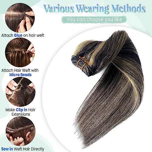 Sew in Hair Extensions Real Human Hair, 20 Inch 100G Weft Hair Extensions Human Hair Bundles Natural Black to Blonde Highlights Hair Extensions Real Human Hair Weft Weave Bundles for Women