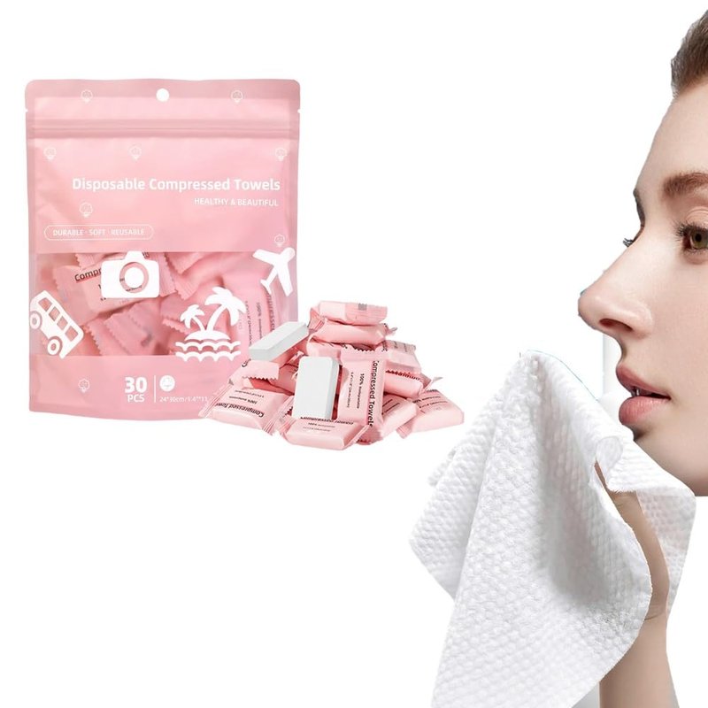 Compressed Towel Tablets,Disposable Compressed Towels,Portable Compressed Face Towel Tablets,Highly Absorbent,Cotton Hand Wipes for Travel,Camping,Home,Outdoor Use,Gym and Makeup Removal (30, Pink)