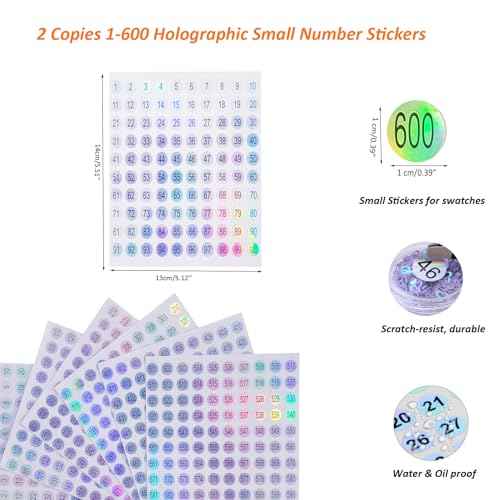 2 Set Number Stickers (1-600) for Nail Swatch Sticks & Nail Gel Polish Organize, Double Small Holographic Numbers Stickers for Matching Label, Adhesive Label Organizer (Dia.10mm)