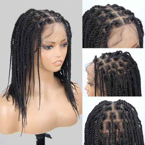 Senegal Twist Wigs, 12 "360¡Æ HD Full Single-layer Lace Two Braid Wigs for Black Women Square Knotless 2 Braid Wig with Baby Hair Handmade Synthetic Hair Blended Lace Front Wig (Natural Black)