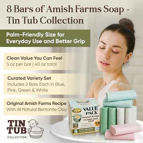 Amish Farms Soap Value Pack? 8 Easy-to-Grip Hydrating Bars (5 oz Each, 2.5 lb) | Cold-Process, USA Made for Sensitive Skin, Face, Hair & Body | Gentle Clean Scent Original Recipe ? Tin Tub Collection
