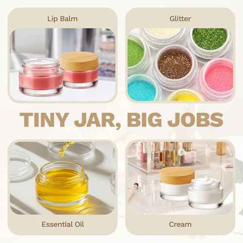 Bumobum 12 Pcs 5 Grams Glass Cosmetic Jars with Plastic Wood-Grain Lids, 5 ml Lip Balm Containers Empty Tiny Sample Jars for Lip Scrub Makeup Eye Cream Travel