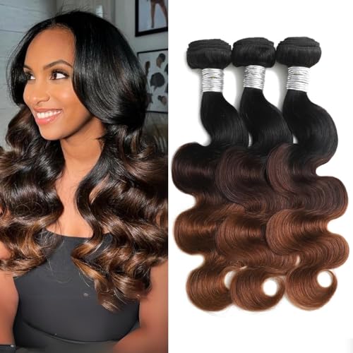 12A Ombre Body Wave Bundles Human Hair, T1B/2/30 Chestnut Brown 3 Tone Colored Human Hair 3 Bundles With Dark Roots 100% Remy Hair Thick Wavy Keep Soft after Washing 8/10/12 Inch