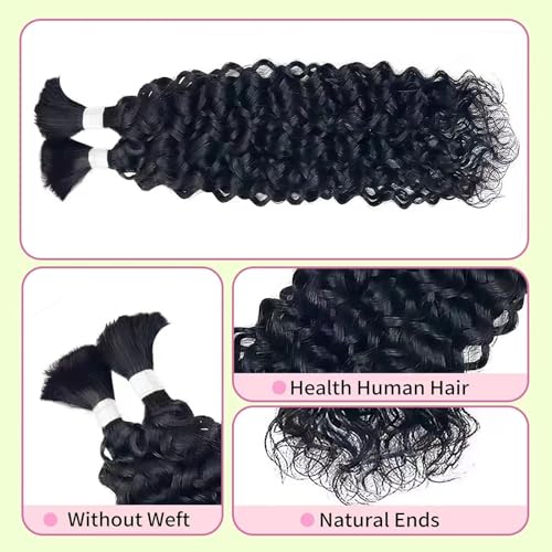 26 IN Human Braiding Hair for Boho Braids Curly Human Hair Braiding Hair Wet and Wavy Water Wave Bulk Human Hair for Braiding 2 Bundles/Pack (Total 100G)