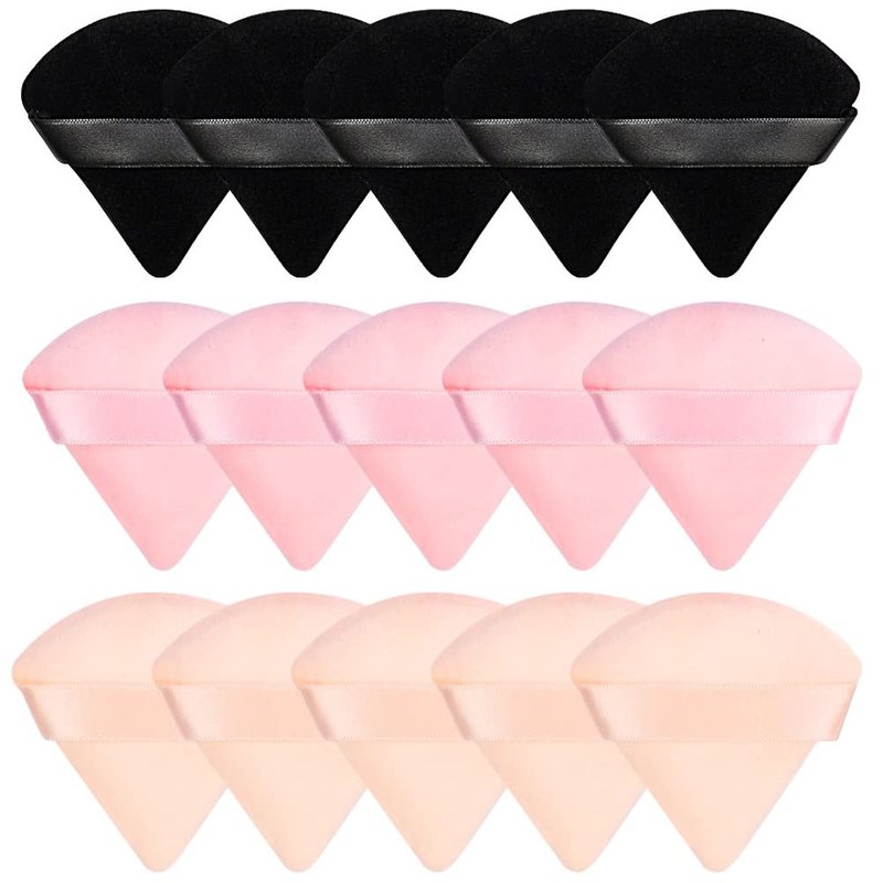 15-Piece Powder Puff Set | Soft Triangle Velour Makeup Sponges for Loose Powder & Foundation | Black, Pink, Flesh