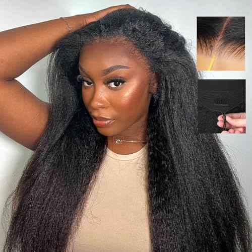 16 Inch 7x6 Glueless Wigs Human Hair Pre Plucked Pre Cut 250% Density Kinky Straight Lace Front Wigs With Drawstring Parting Max HD Lace Closure Wigs Human Hair for Women Natural Black