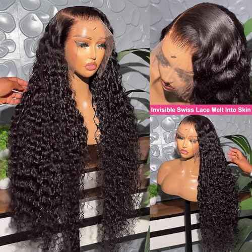 Deep Wave Lace Front Wigs 13x6 HD Transparent Lace Frontal Wig for Black Women 100% Real Curly Human Hair Wigs Pre Plucked with Baby Hair 180% Density (Black, 18 inch)