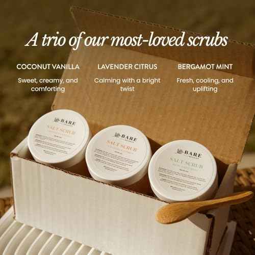 Bare Botanics 3 pc Body Scrub Gift Set - Ready to Gift Naturally Scented Sea Salt Scrub Made in Madison, WI - Formulated w/Skin Loving Moisturizers - Vegan, Cruelty Free Exfoliator w/a Cute Spoon