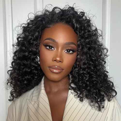 Half Wig Human Hair Deep Wave 200% Density Curly Half Wig Drawstring Seamless Flip Over 3 In 1 Half Wigs for Black Women Wear and Go Glueless Headband Wig Human Hair Beginner Friendly 16 Inch