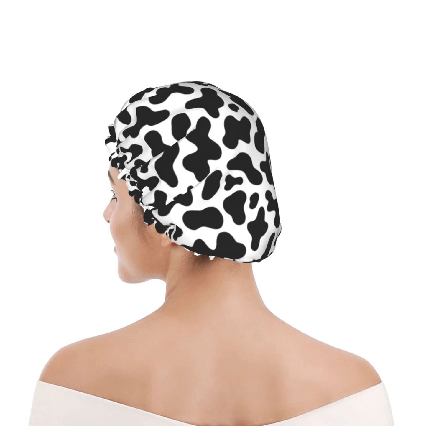 Black And White Cow Skin Abstract Animal Farm Shower Cap For Women Adjustable Double Waterproof Layers Bathing Bath Cap Hair Protection Reusable Ladies Spa Salon Shower Hat