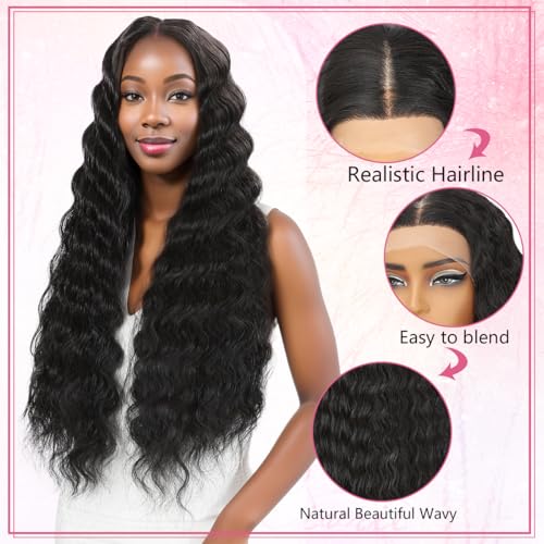 30 Inch Long Curly Synthetic Hair Wigs for Balck Women,13x4x1 Deep Water Wave Lace Front Wig,Simulated Scalp Natural Loose Deep Wave Crimps Curly Wig As Hair Replacement Wigs