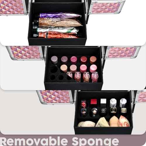Rolling Makeup Case with Drawer Cosmetology Case on Wheels Makeup Trolley Sliding Drawer Makeup Travel Case for Esthetician, Mobile Stylist, Manicurist Barber Case Traveling Cart Trunk Glitter Pink