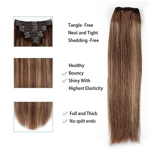Clip in Hair Extensions for Women Brazilian Virgin Human Hair Extension Straight 8Pcs Remy Hair Extensions Clip in Human Hair with 18Clips Double Lace Weft 120Gram (16inch, #4/27/4)