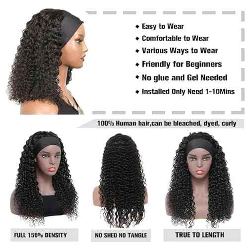 Curly Headband Wig Human Hair 20Inch Human Hair Headband Wig Glueless Wear and Go Human Hair Scarf None Lace Front Wigs 150% Density Natural Color