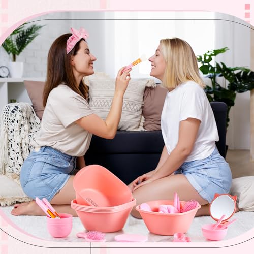 60 Pcs Spa Party Supplies for Women Pink Facial Mask Bowl Set with Facial Mask Bowls Spatula Brush Puff Measuring Scoop Basin Mirror Air Cushion Comb Headband Spa Birthday Party Favor