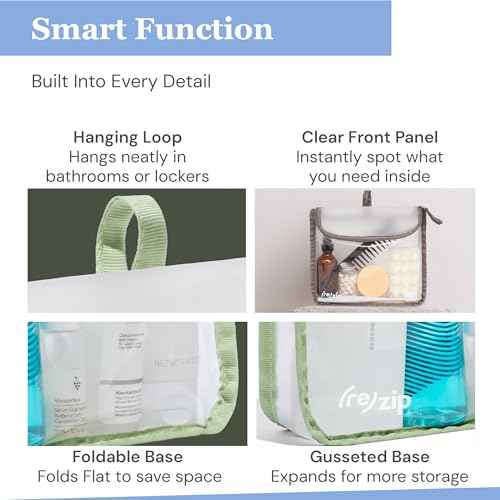 ReZip TSA Approved Travel Toiletry Bag with Hanging Loop, Travel Quart Bag? Reusable Clear Makeup bags with zipper, Clear Pouch for Travel Essentials, Cosmetic | BPA-Free, Machine Washable - Sage