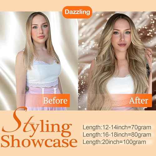 Full Shine Wire Hair Extensions Real Human Hair Balayage Walnut Brown to Light Brown Mix Light Blonde Invisible Wire Hair Extensions Natural Straight Hairpiece Remy Human Hair Extensions 18 Inch 80g