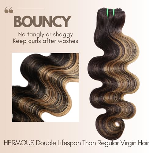 13A Double Drawn FB/27 Human Hair Bundles Body Wave Blonde Highlight Color, Honey Blonde with Black Single Bundle Human Hair 100% Unprocessed Hair Colored Single Bundle Wavy Sew In 10 Inch