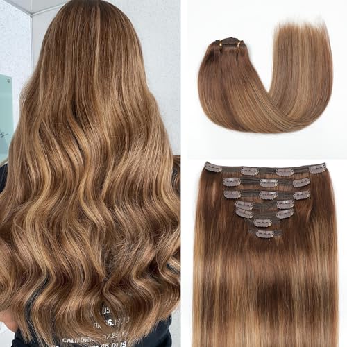 Clip in Hair Extensions Real Human Hair, 16 Inch 7pcs 140g/Pack - Ombre Chocolate Brown to Caramel Blonde, Soft Hair Extensions Real Human Hair Clip ins Straight for Women (16 Inch)