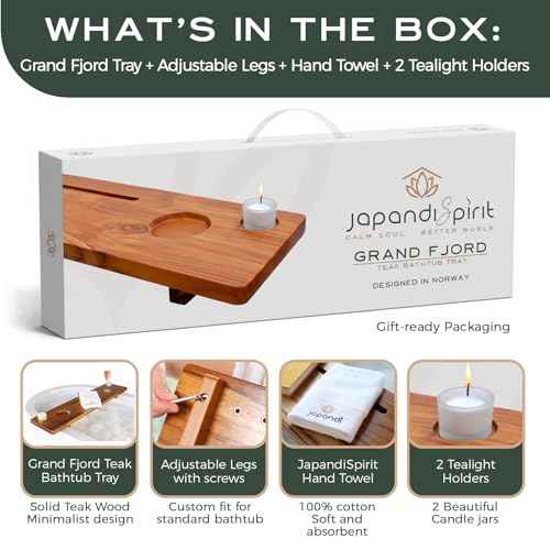 Grand Fjord | Teak Bathtub Tray for Large Soaking Tub | Extra Long 35¡± Luxury Bath Caddy for Freestanding Tubs | Minimalist Wooden Tub Tray with Candle Holders & Premium Towel by JapandiSpirit