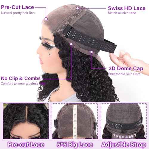 UCUVIC Glueless Wigs Human Hair Pre Plucked Pre Cut Wear And Go Curly 5x5 Water Wave Bob Wig Human Hair Lace Front Closure Wigs For Black Women 200 Density Curly Wig Glueless Wear And Go Black 14 Inch