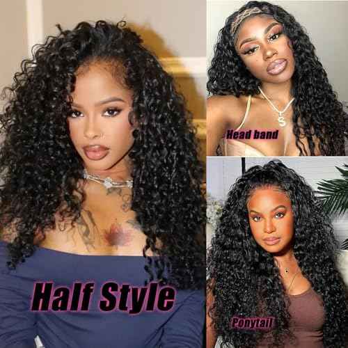 SENSAIRUITE Deep Wave Half Wig Human Hair Curly Half Wigs for Women - Upgrade Drawstring 3 in 1 Seamless Flip Over Glueless Wig 22-inch Natural Black