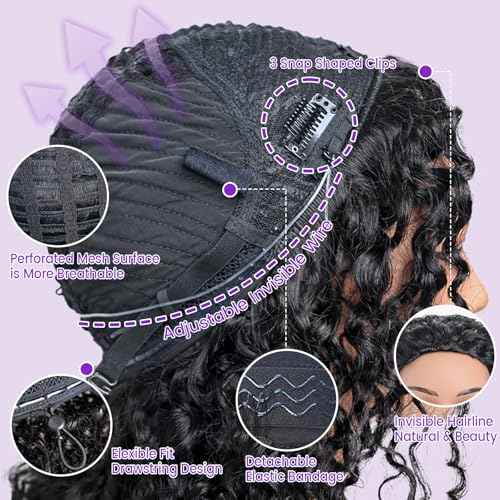 Kinky Curly Half Wig Human Hair 200 Density Glueless Wig Curly Half Wig Invisible Wire Snap Clips Drawstring Flip Over Easy Wear Headband Wig Human Hair Beginner Friendly 22 Inch