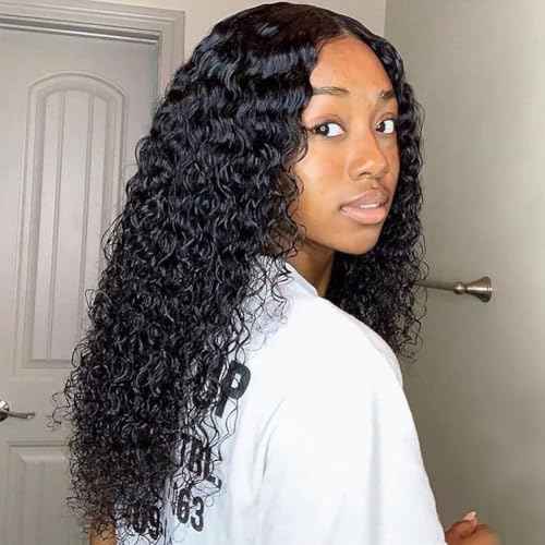 Water Wave Wear and Go Glueless Wigs Human Hair Pre Plucked Pre Cut 5 x 5 HD Lace Closure Wigs 200 Density Water Wave Lace Front Human Hair Wigs for Black Women Natural Black 20 Inch