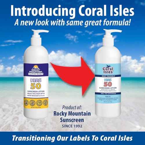 Coral Isles by Rocky Mountain Sunscreen | SPF 50 KIDS Lotion | Broad Spectrum UVA/UVB Protection | Hawaii Reef-Safe Act Compliant | Oxybenzone & Octinoxate Free | Water Resistant 80 Min. | 16 Fl Oz