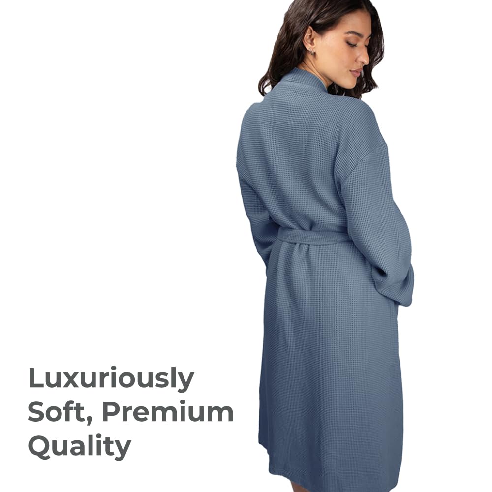 Cariloha Bamboo Viscose Waffle Knit Bath Robe for Women and Men with Lightweight Turkish Cotton - Breathable Moisture-Wicking Bathrobe with Pockets - Unisex Large/Extra Large - Marine Blue