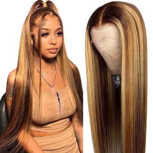 Cypha Ombre Lace Front Wig Human Hair Highlight 13x4 HD Straight Lace Front Wigs 180% Density 4/27 Colored Honey Blonde HD Lace Frontal Wigs For Women Glueless Pre Plucked with Baby Hair 24inch