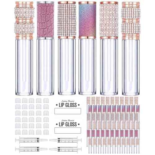 AMORIX 72pcs 5ml Diamond Lip Gloss Tubes With Wand - Empty Rhinestone Containers, Crystal Bottles, Supplies Kit - 4 Syringes + Labels for DIY Base