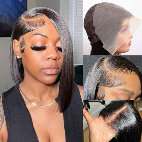 Bleached Knots 13x6 Bob Lace Front Wig Human Hair Straight Transparent Lace Frontal Wigs Pre Plucked with Baby Hair Brazilian Remy 180 Density Short Natural Color Wigs for Black Women