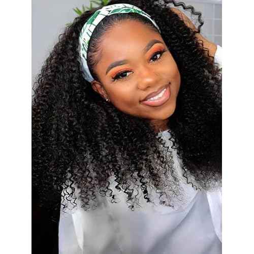 V SHOW Glueless Curly Headband Wig Human Hair 180% Density Thick Throw & Go Kinky Curly Headband Wigs for Women 18 Inch None Lace Front Wigs Wear and Go Glueless Human Hair Wigs