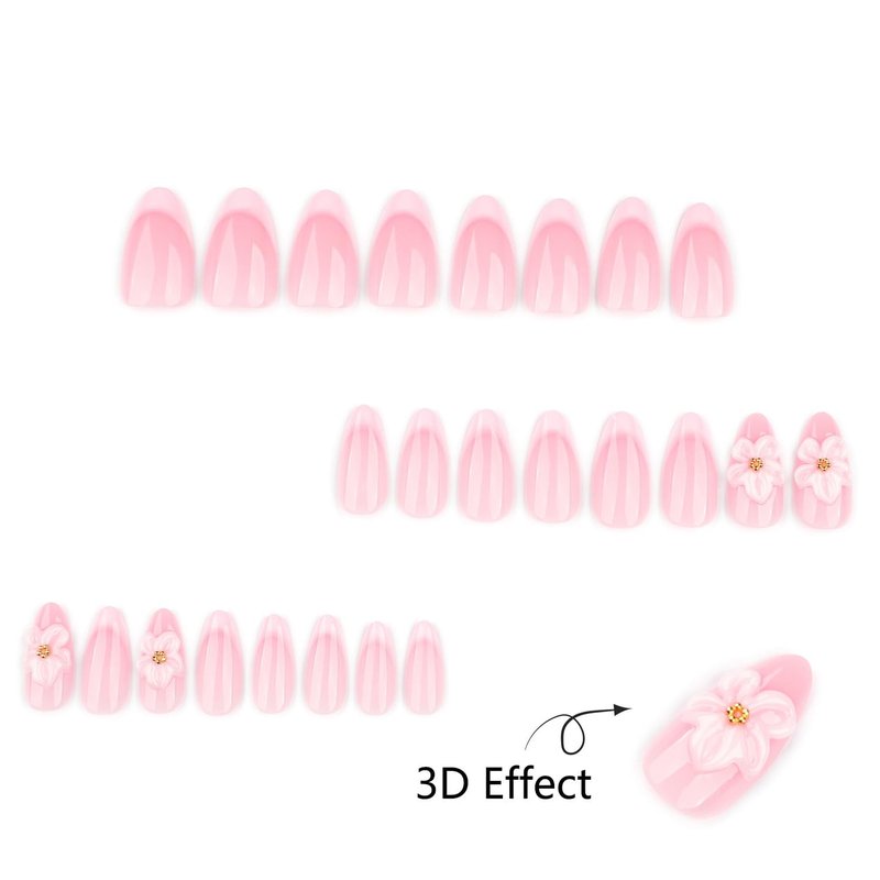 French Tip Press On Nails Almond Shape, Nude Pink with 3D Flower Design, Glossy Medium Fake Nails, Elegant Acrylic False Nails for Women Girls, Spring Floral Bridal Wedding Nails Reusable