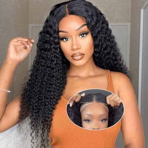 FQ Wear and Go Glueless Wigs Human Hair 30 inch Kinky Curly 4x4 Lace Front Wigs Human Hair for Beginners Pre Plucked Wig for Women Ready to Wear No Glue Curly Glueless Wig