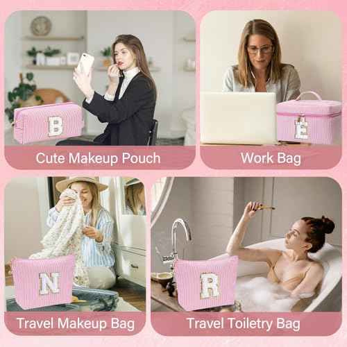 Personalized Monogram Makeup Bag, 3PCS Custom Monogrammed Toiletry Cosmetic Bag for 6-18 Teen Girls Women,Birthday Graduation Gifts Initial Pouch Makeup Bags for Women Girls, Make Up Bag (A, Pink)