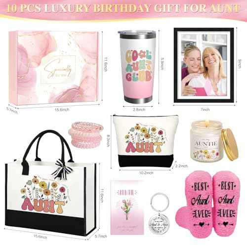 Aunt Gifts Best Auntie Gift ideas 10 PCS Birthday Gifts for Aunt from Niece Nephew, Best Aunt Ever Gifts Women Christmas Gifts, Include Tote Bag Makeup Bag 20 Oz Thermos Cup Photo Frame Socks Keychain